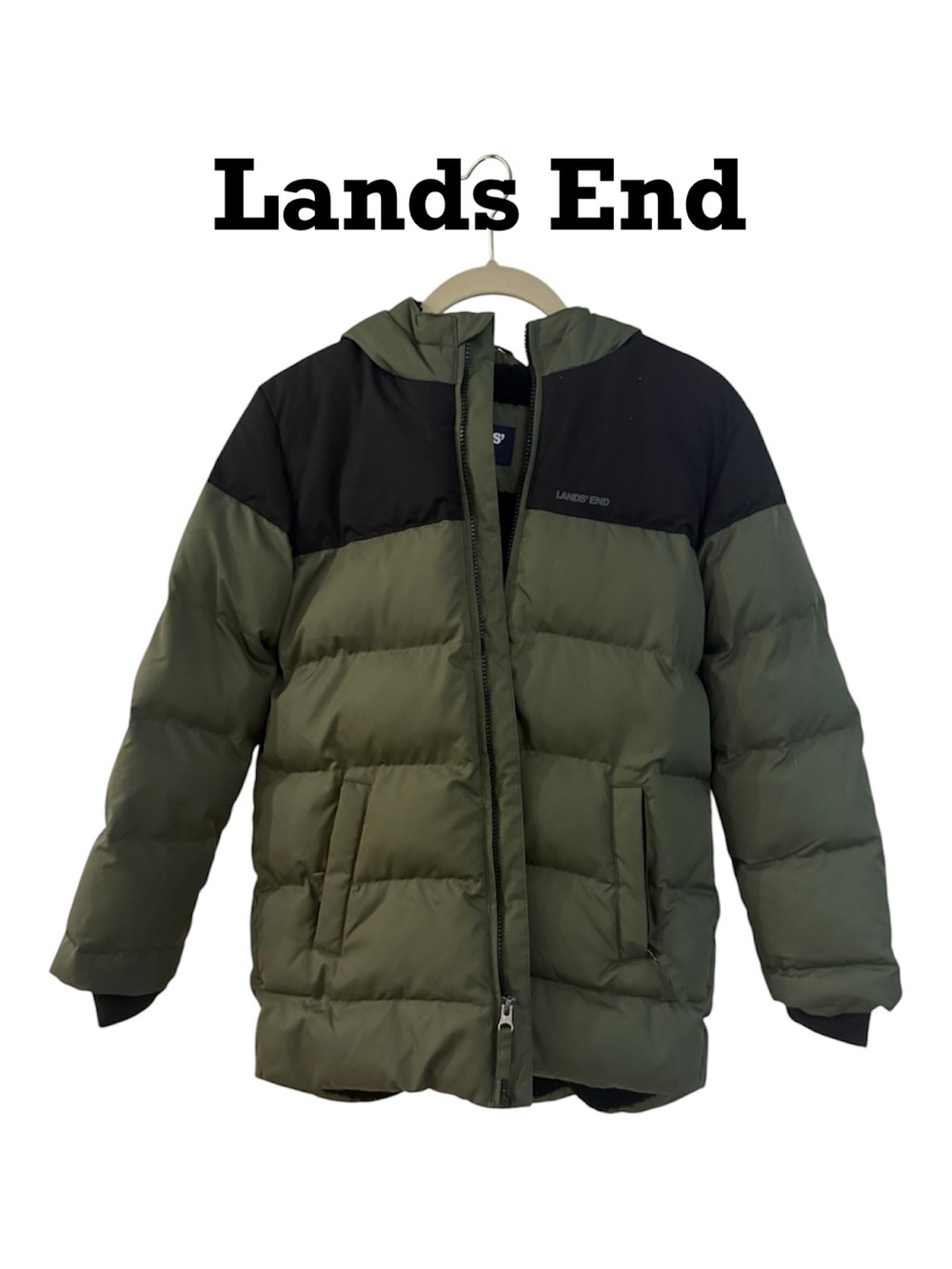 Lands' End Olive Green and Black Puffer Jacket - Kids